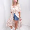 Taupe and White Tropical Print Gauze with Elastic Waist Tie Kimono sold by Boujee Boutique