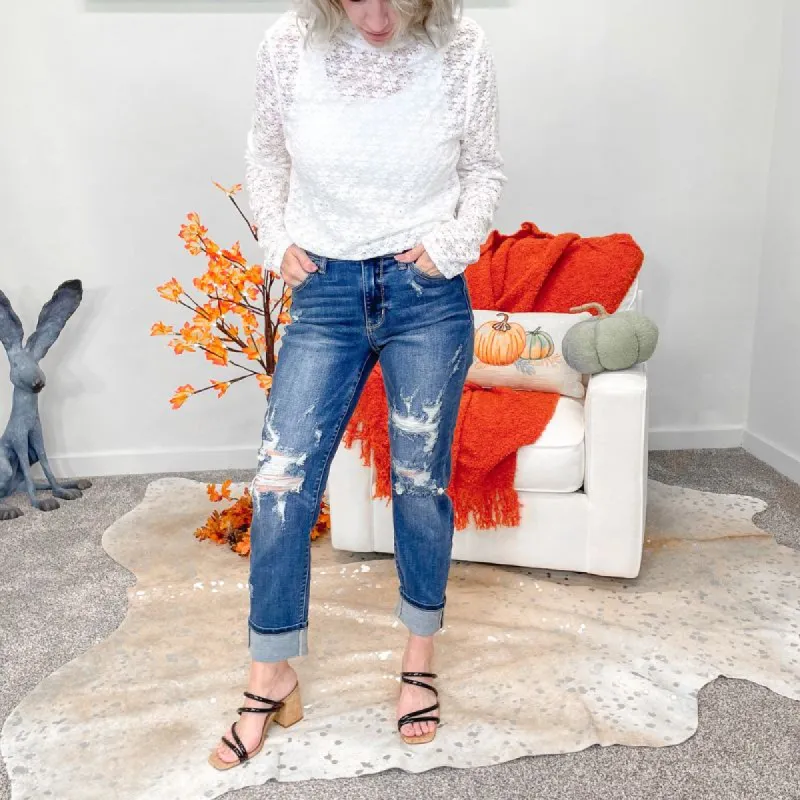 Judy Blue Asherton Mid Rise Cuffed Destroyed Boyfriend Jeans sold by Boujee Boutique