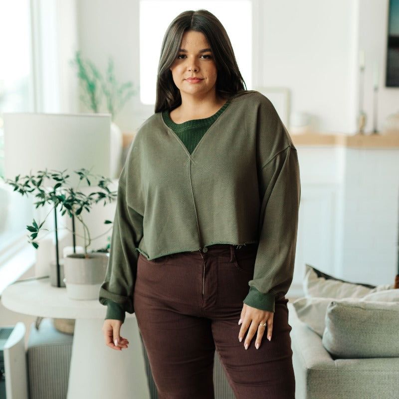 Just a Casual Crop Dark Green Pullover Sweatshirt sold by Boujee Boutique product image thumbnail 4