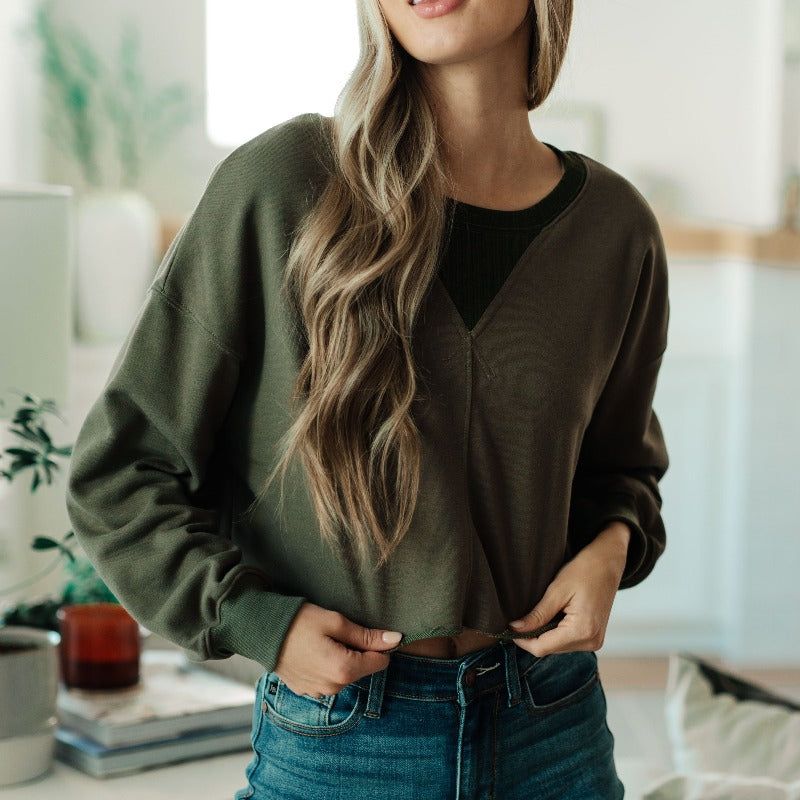 Just a Casual Crop Dark Green Pullover Sweatshirt sold by Boujee Boutique