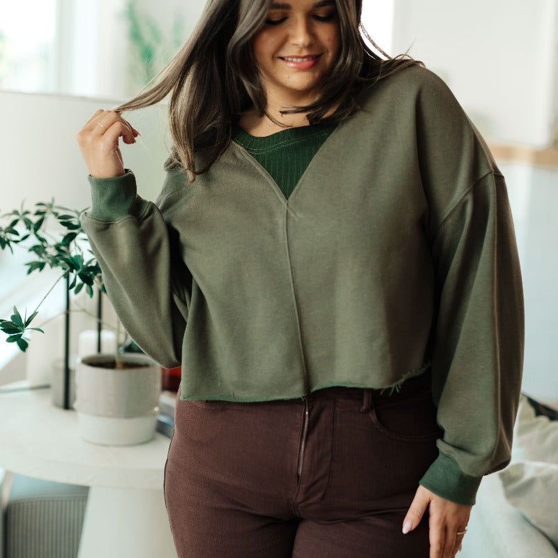 Just a Casual Crop Dark Green Pullover Sweatshirt sold by Boujee Boutique product image thumbnail 2