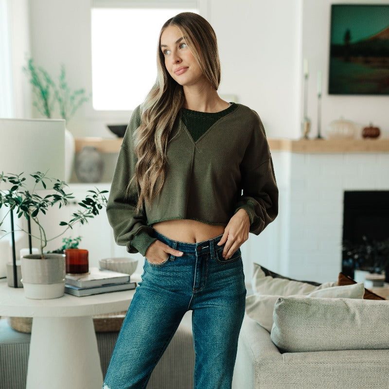 Just a Casual Crop Dark Green Pullover Sweatshirt sold by Boujee Boutique product image thumbnail 3