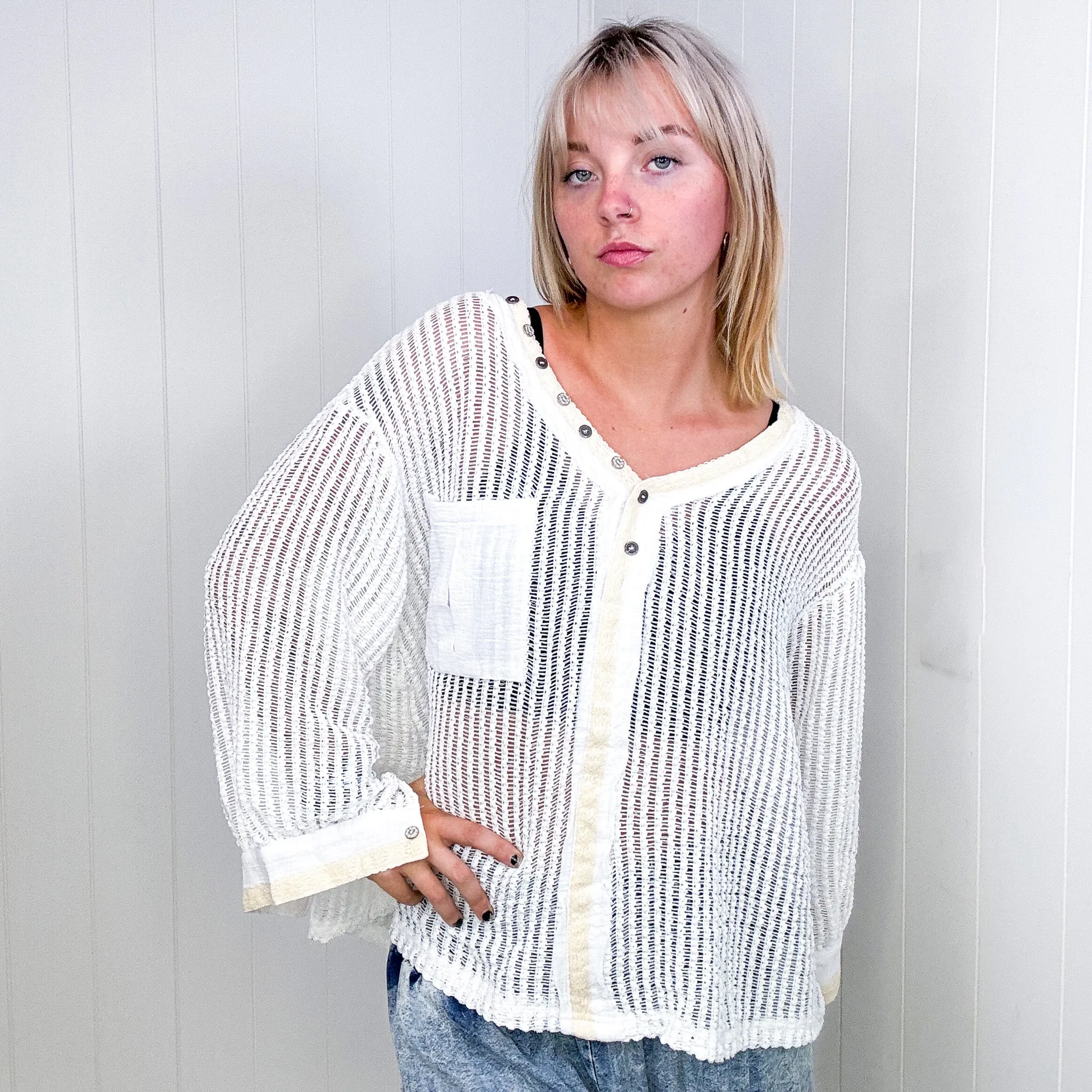 Pol White V Neckline Long Sleeve Crochet Long Sleeve Top sold by Boujee Boutique product image thumbnail 4