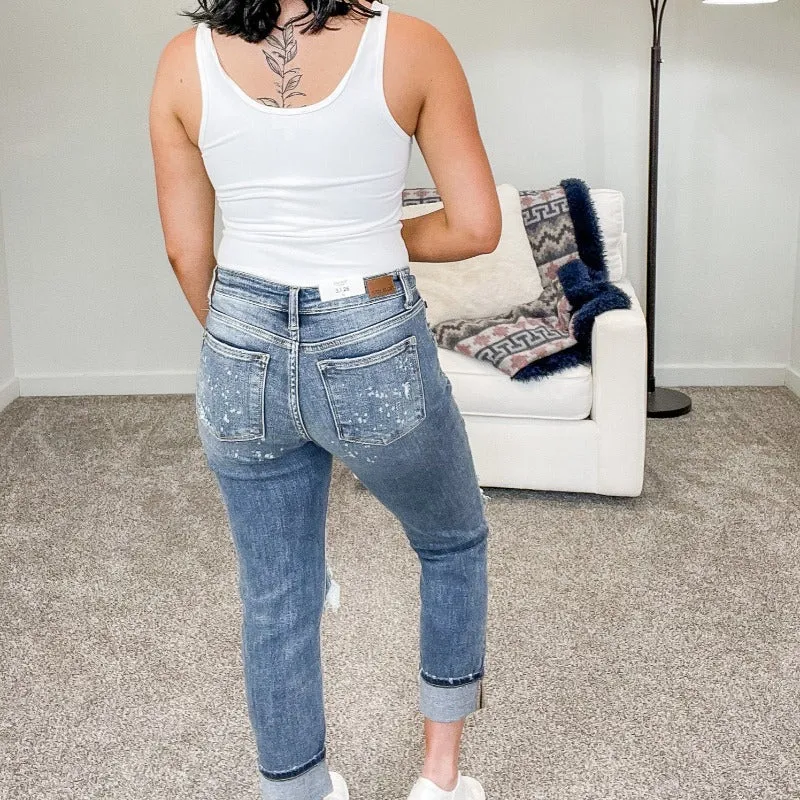 Judy Blue Mid Rise Boyfriend Bleach Splash Jeans sold by Boujee Boutique product image thumbnail 4