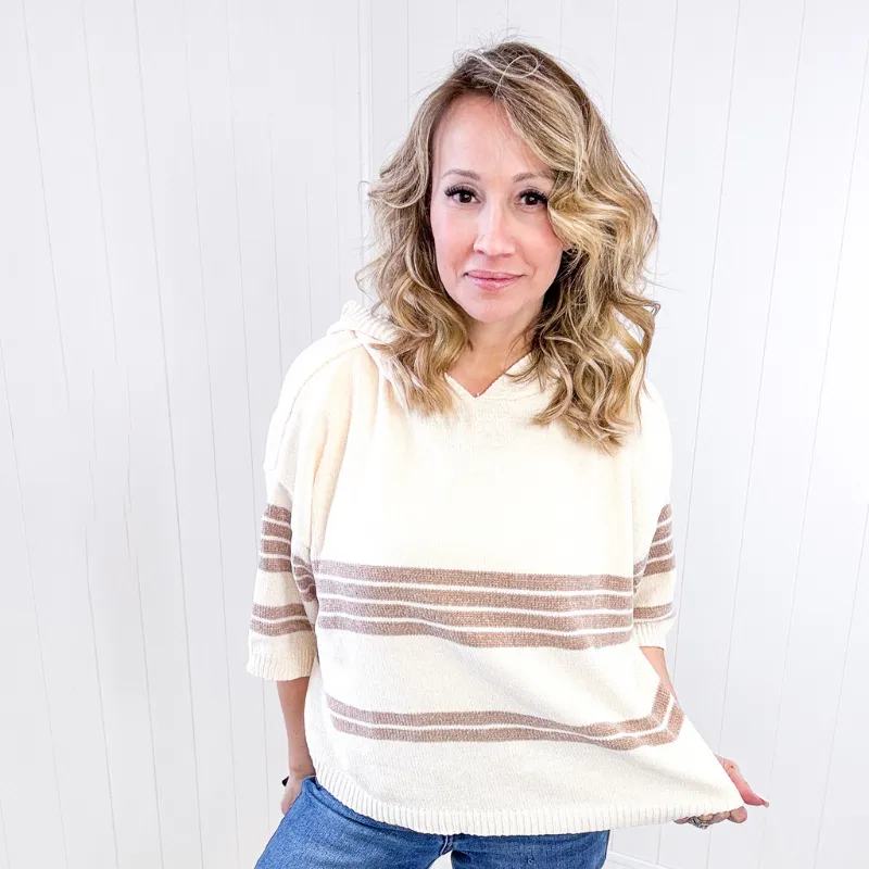 Soft Chenille Knit Cream and Beige Striped Hoodie Sweater sold by Boujee Boutique product image thumbnail 4
