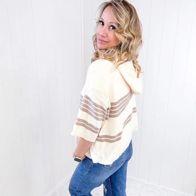Soft Chenille Knit Cream and Beige Striped Hoodie Sweater sold by Boujee Boutique product image thumbnail 5