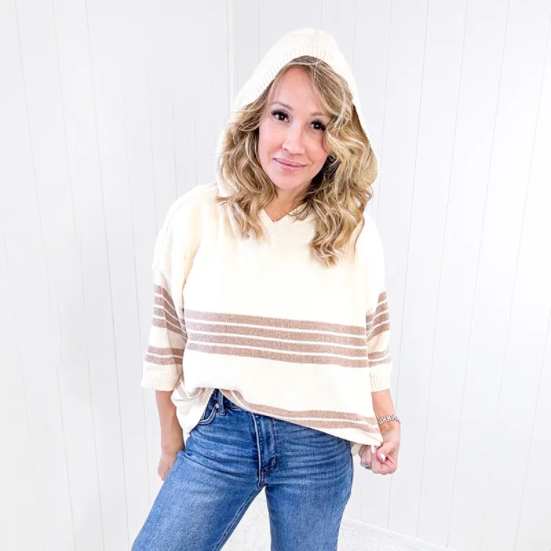 Soft Chenille Knit Cream and Beige Striped Hoodie Sweater sold by Boujee Boutique