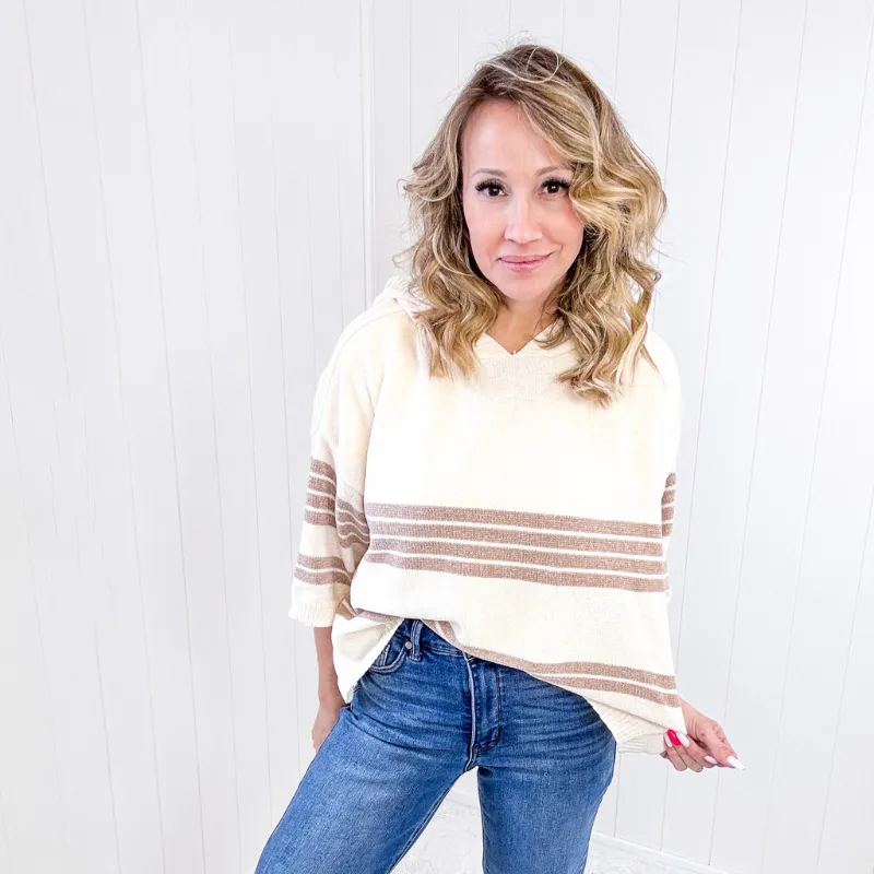 Soft Chenille Knit Cream and Beige Striped Hoodie Sweater sold by Boujee Boutique product image thumbnail 2