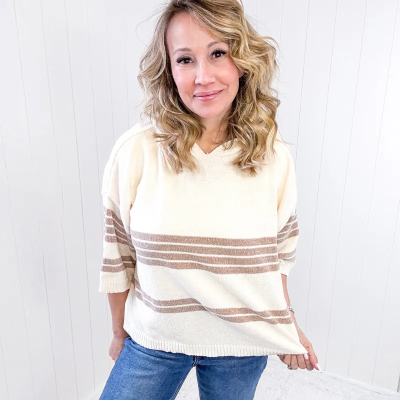 Soft Chenille Knit Cream and Beige Striped Hoodie Sweater sold by Boujee Boutique product image thumbnail 3