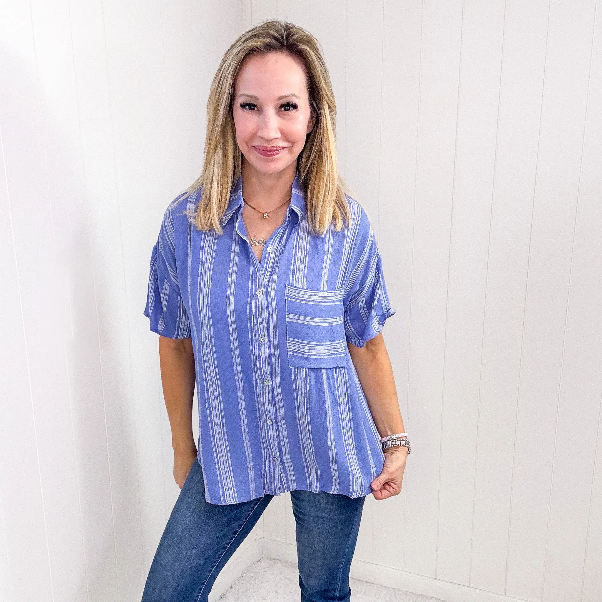 Ocean Blue Striped Light Airy Button Down Blouse sold by Boujee Boutique product image thumbnail 5