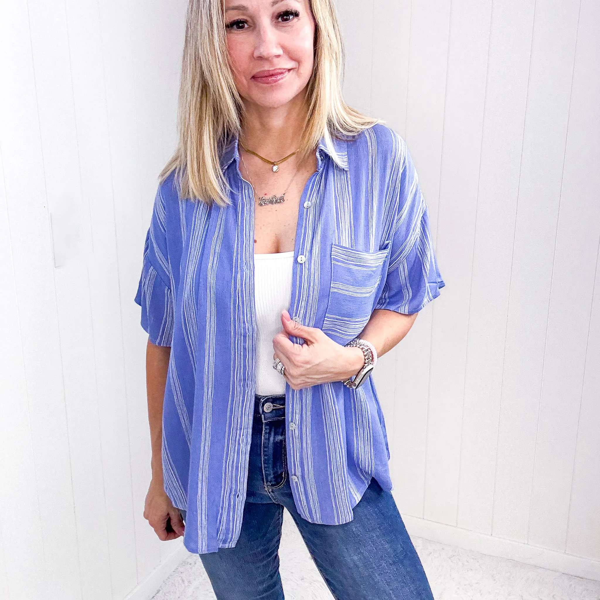 Ocean Blue Striped Light Airy Button Down Blouse sold by Boujee Boutique product image thumbnail 2