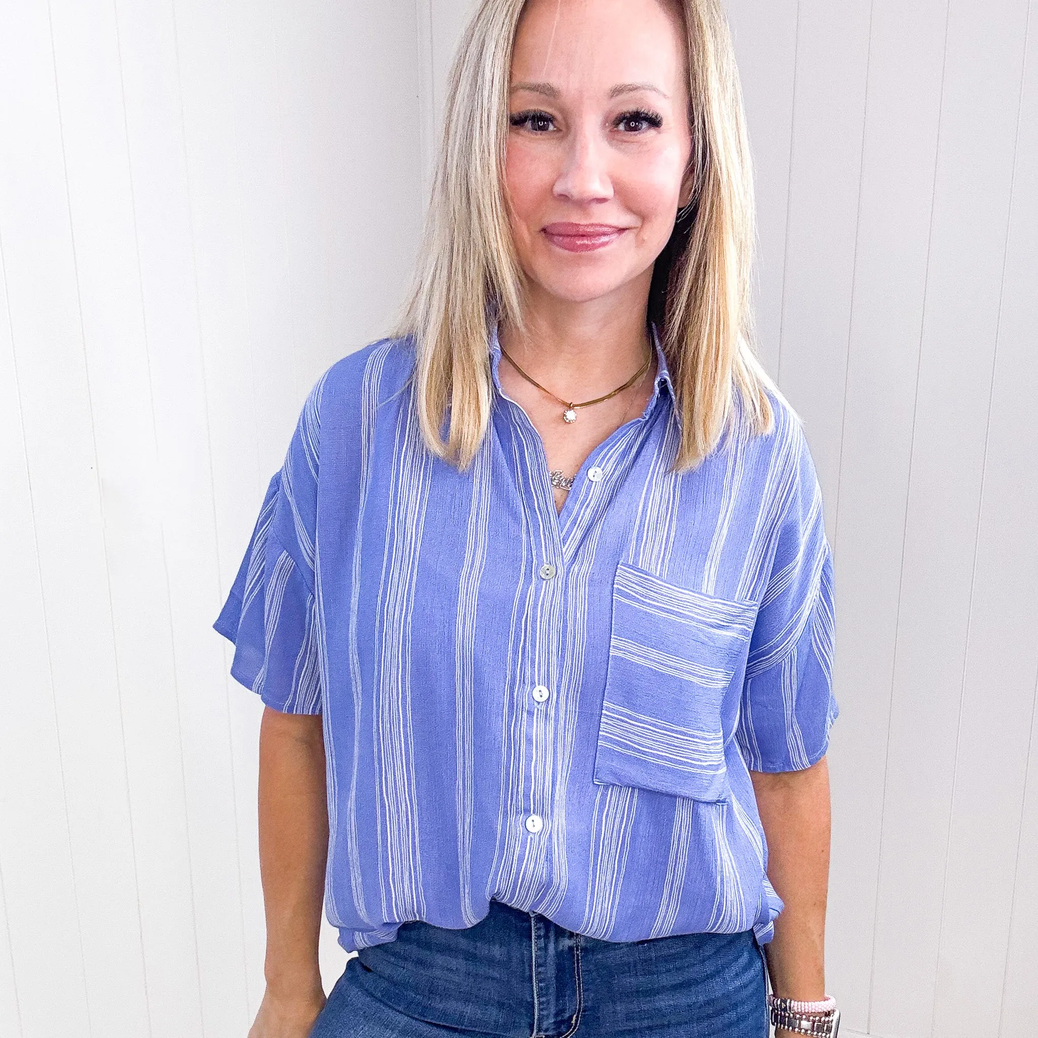 Ocean Blue Striped Light Airy Button Down Blouse sold by Boujee Boutique product image thumbnail 3
