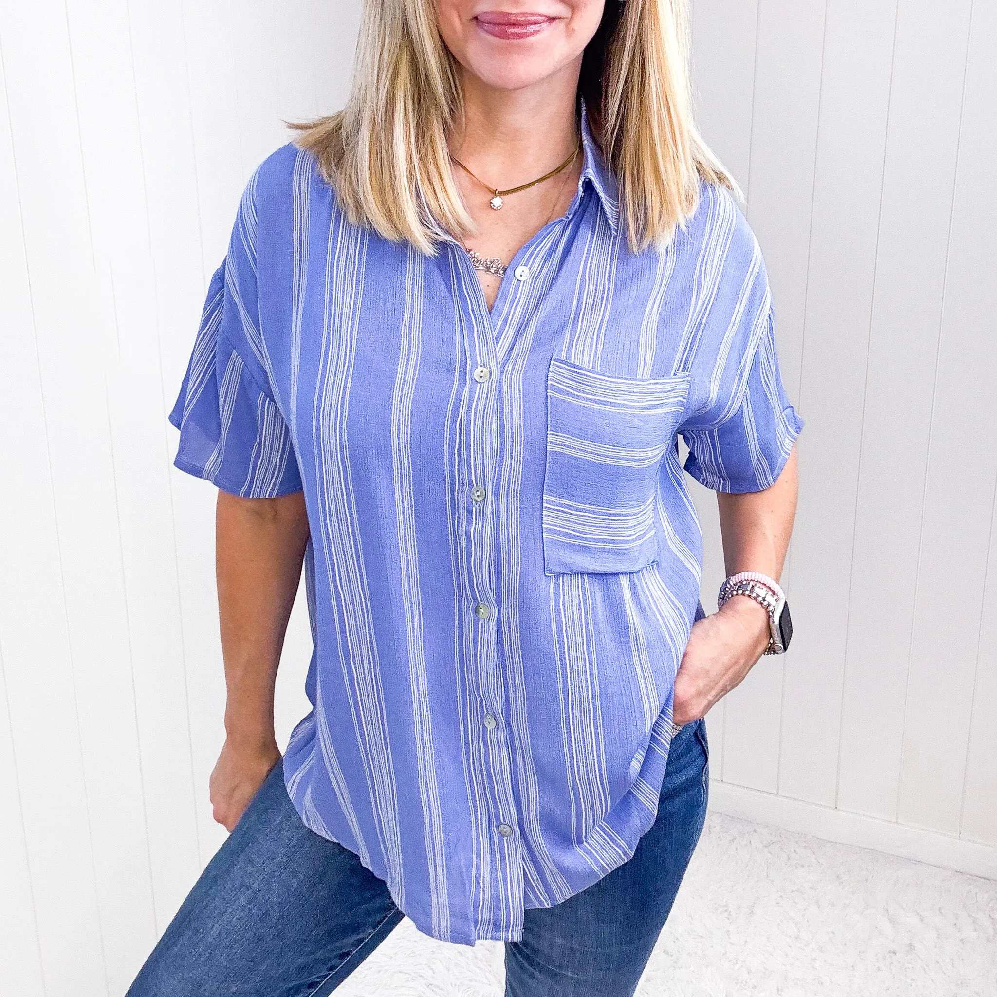 Ocean Blue Striped Light Airy Button Down Blouse sold by Boujee Boutique product image thumbnail 4