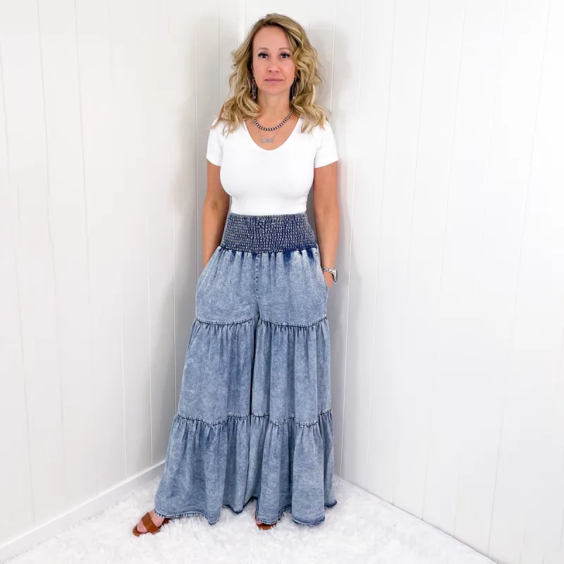 Melody Mist Washed Tencel Tiered Wide Leg Pants in Denim sold by Boujee Boutique