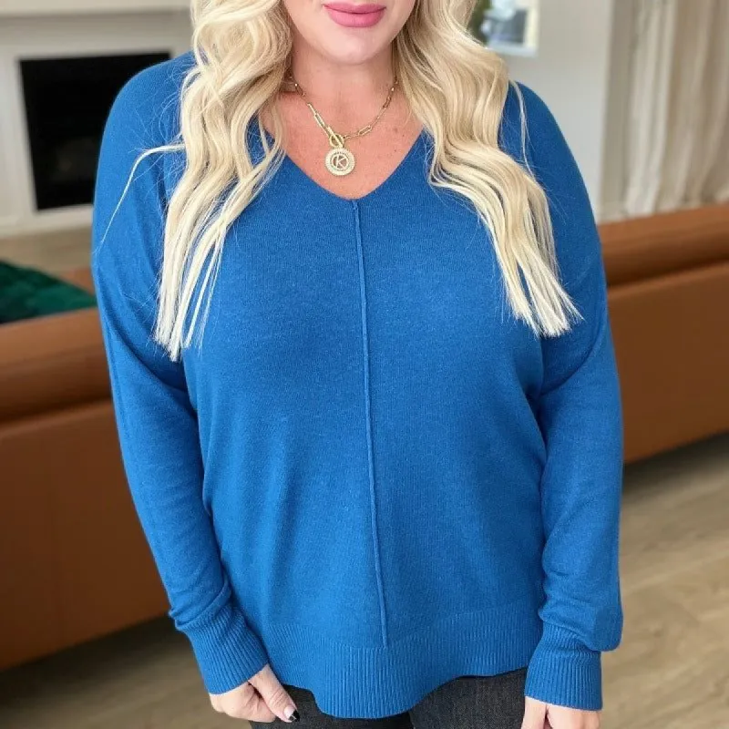 V-Neck Front Seam Sweater in Heather Classic Blue sold by Boujee Boutique