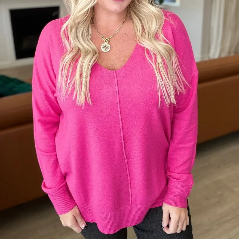 V-Neck Front Seam Sweater in Neon Hot Pink sold by Boujee Boutique