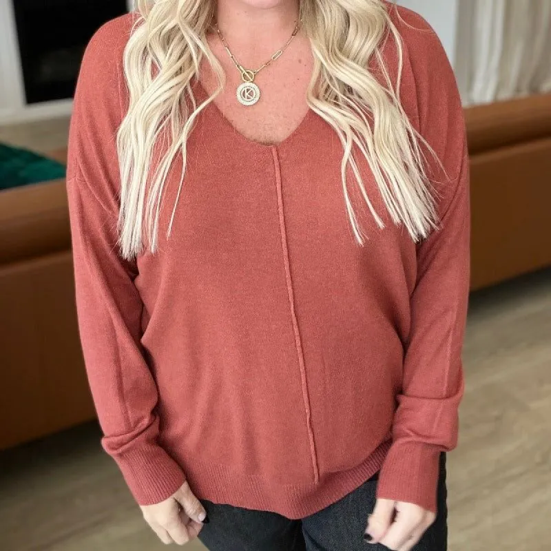 V-Neck Front Seam Sweater in Heather Rust sold by Boujee Boutique