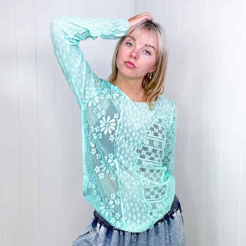 POL Electric Blue Sheer Exposed Seam Long Sleeve Lace Knit Top sold by Boujee Boutique