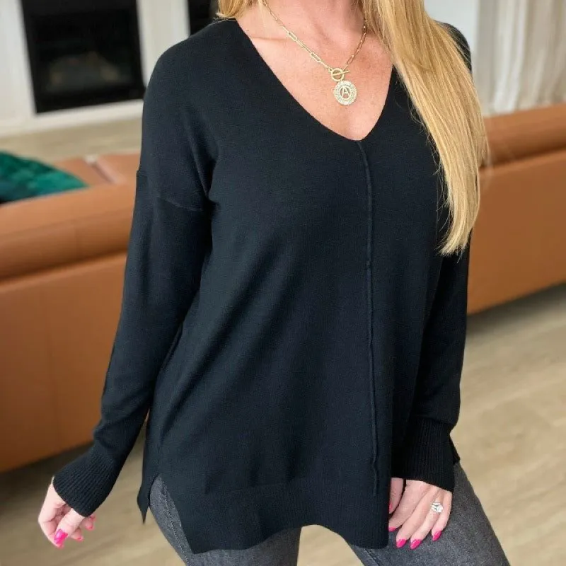 V-Neck Front Seam Sweater in Black sold by Boujee Boutique