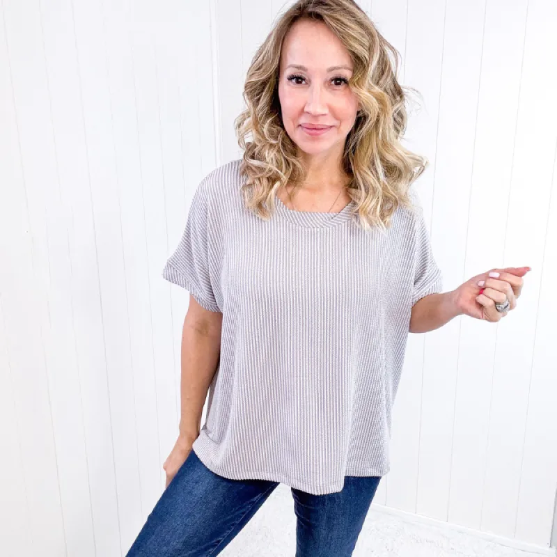 Textured Line Twisted Short Sleeve Top in Light Grey sold by Boujee Boutique