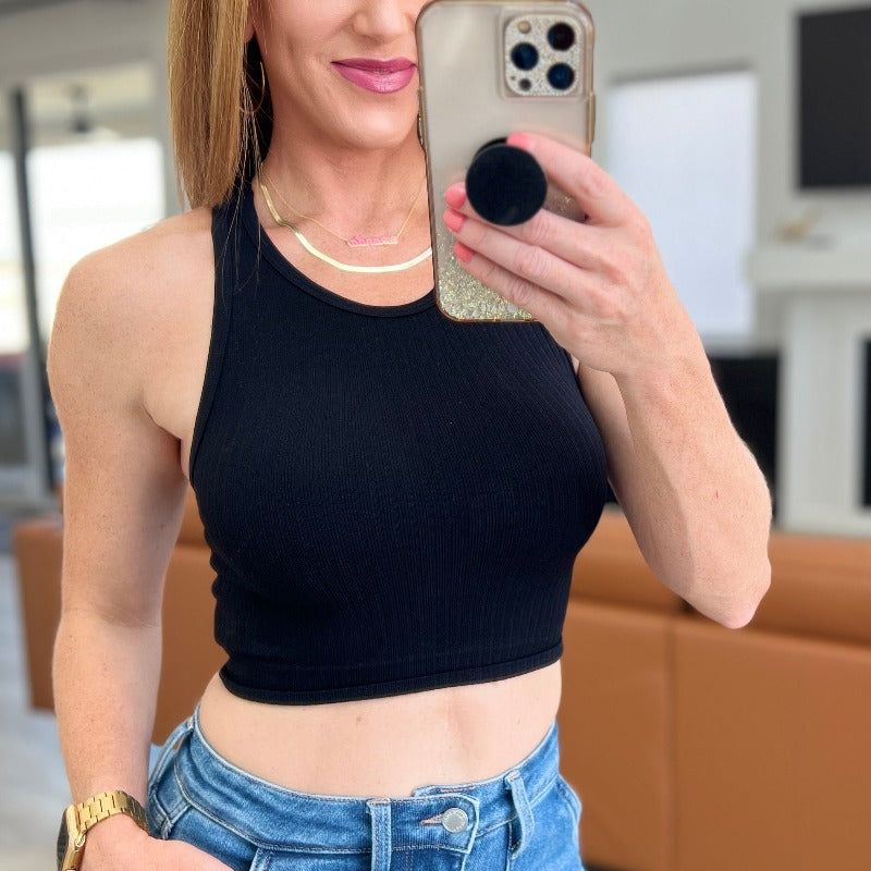 Ribbed Seamless Racerback Crew Neck Crop Tank in Black sold by Boujee Boutique