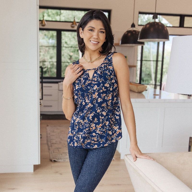 Perfect Blue Floral Keyhole Sleeveless Top sold by Boujee Boutique