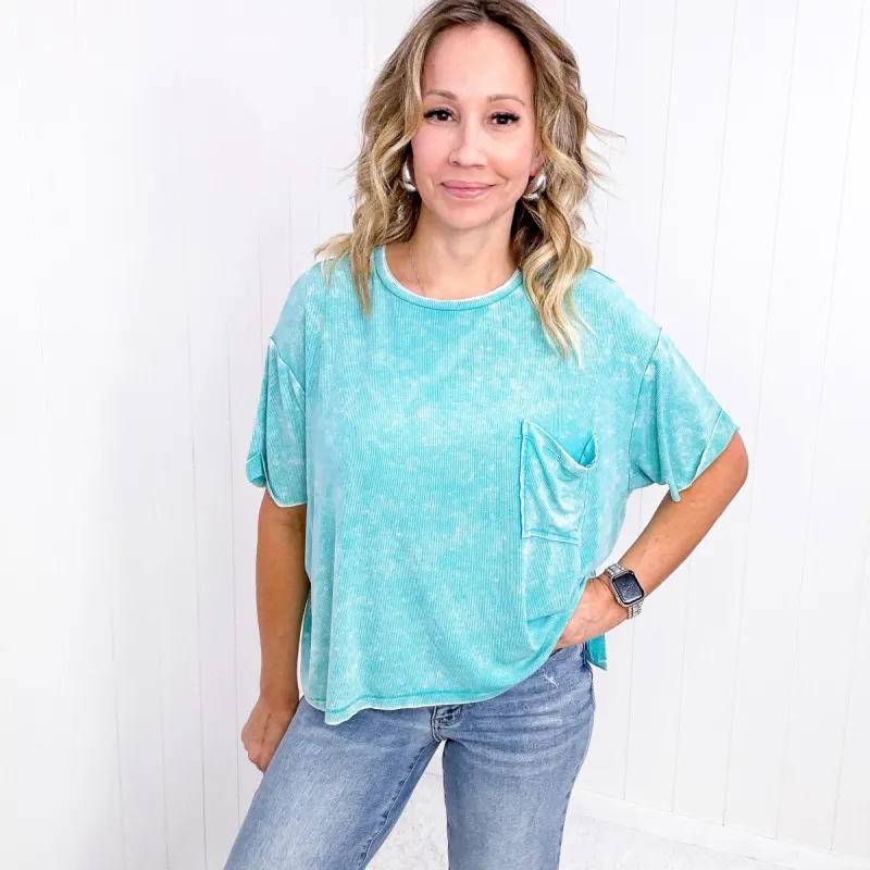 Mineral Wash Ribbed Slouchy Short Sleeve Top in Turquoise sold by Boujee Boutique