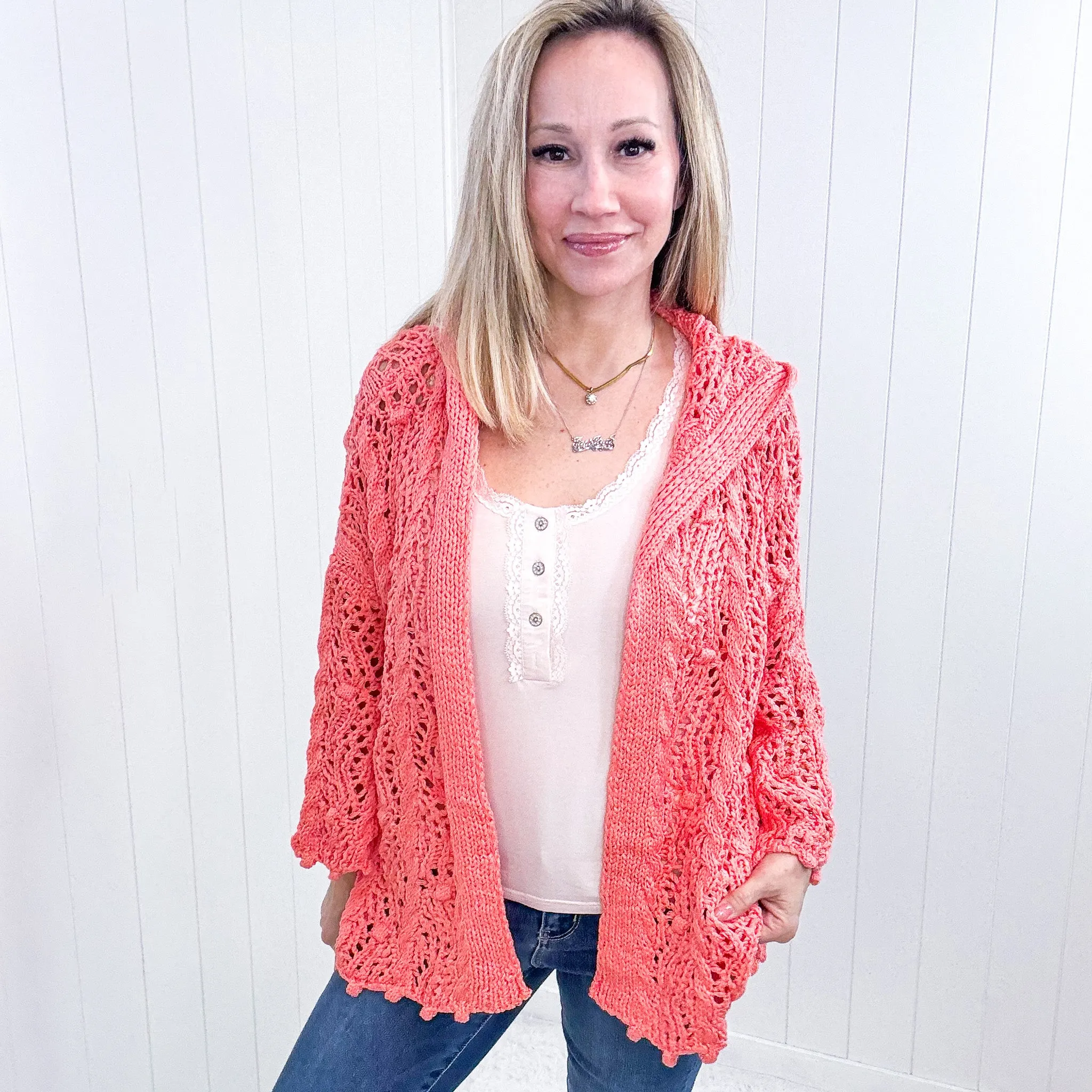 Pol Open Weaving Long Sleeve Hoodie Sweater Cardigan in Coral sold by Boujee Boutique product image thumbnail 3