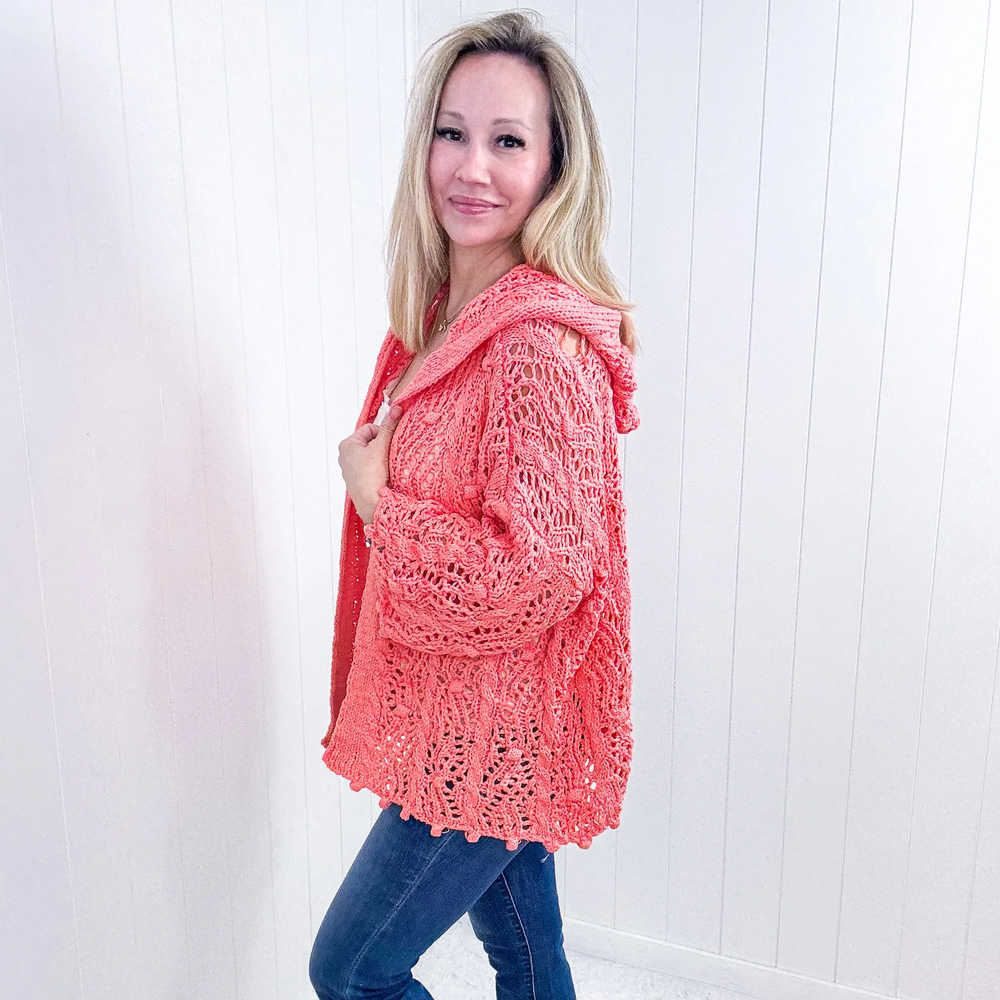 Pol Open Weaving Long Sleeve Hoodie Sweater Cardigan in Coral sold by Boujee Boutique product image thumbnail 5