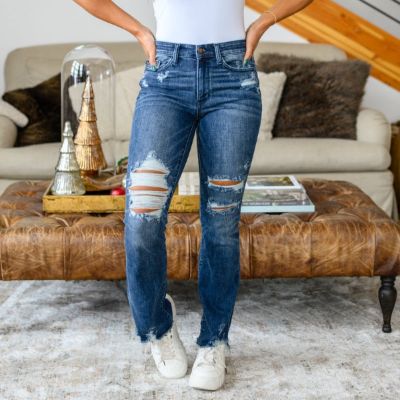 Judy Blue Christine Mid Rise High Contrast Slim Bootcut Destroyed Jeans sold by Boujee Boutique