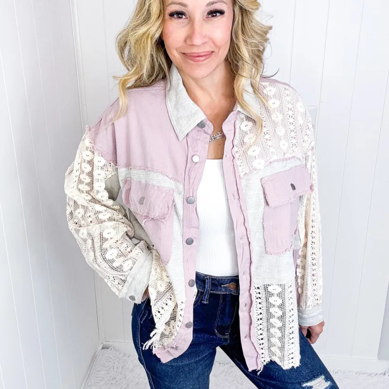 Pol Fancy Grey and Lilac Lace and Crochet Button Up Jacket *Final Sale* sold by Boujee Boutique