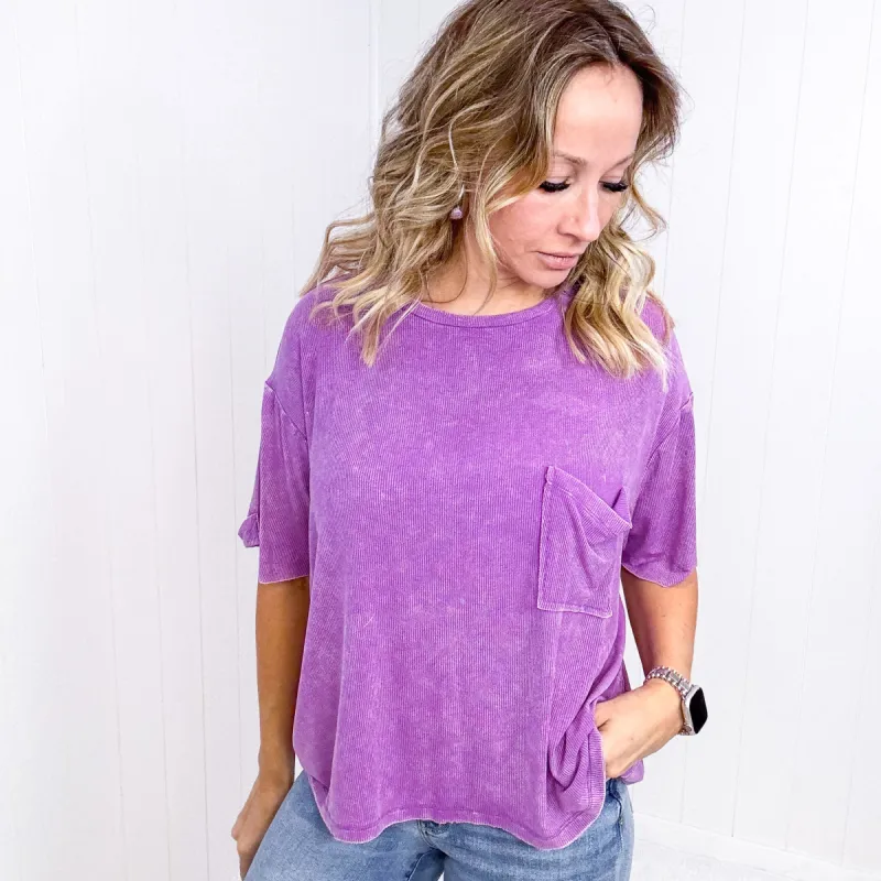 Mineral Wash Ribbed Slouchy Short Sleeve Top in Bright Violet sold by Boujee Boutique