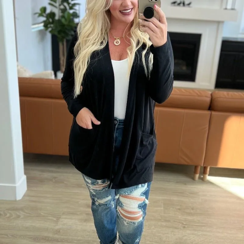 Soft Slouchy Pocket Open Cardigan in Black sold by Boujee Boutique