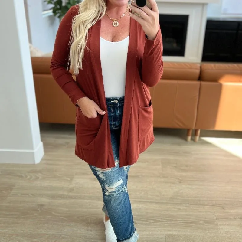 Slouchy Pocket Open Cardigan in Dark Rust sold by Boujee Boutique
