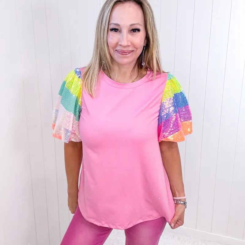 Pink Rainbow Sequin Puff Short Sleeve Top sold by Boujee Boutique