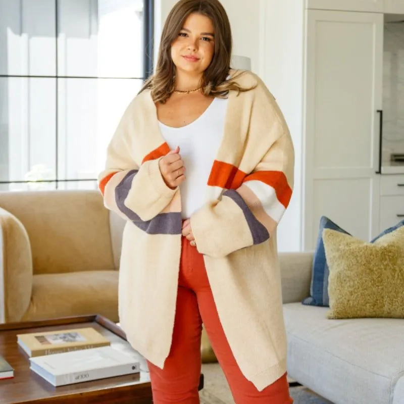 Beige What's Your Story Striped Long Cardigan sold by Boujee Boutique