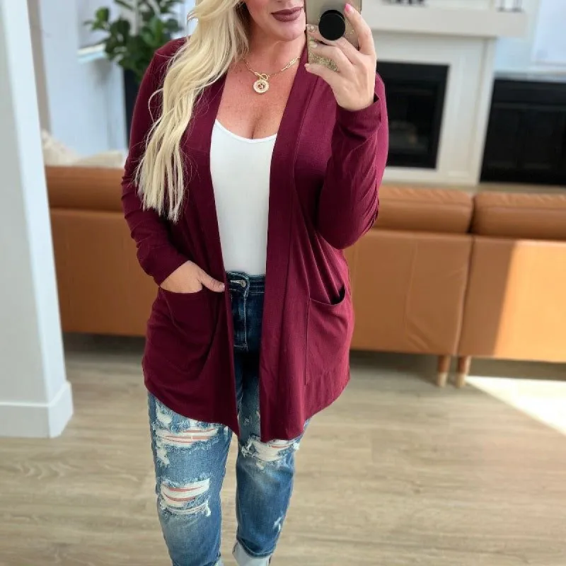Slouchy Pocket Open Cardigan in Dark Burgundy sold by Boujee Boutique
