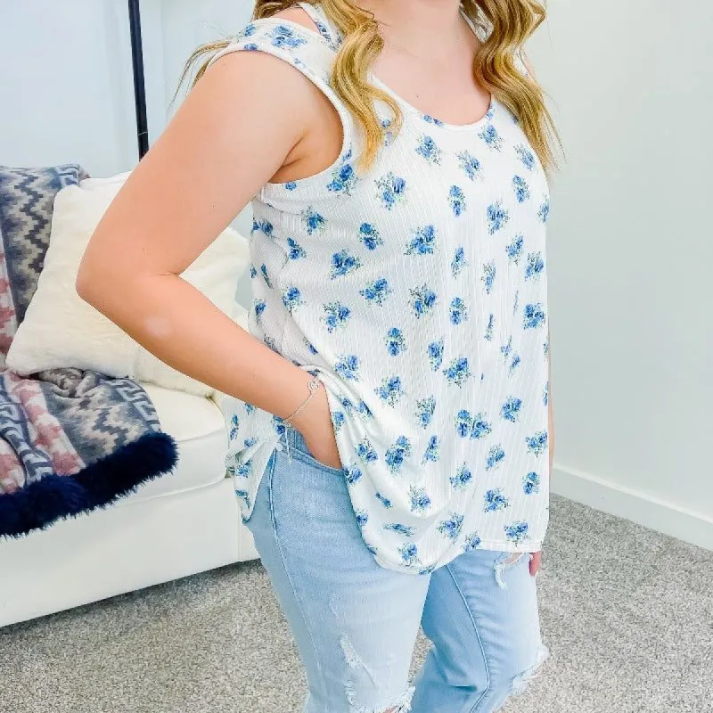 Blue and Ivory Floral Tank Top sold by Boujee Boutique