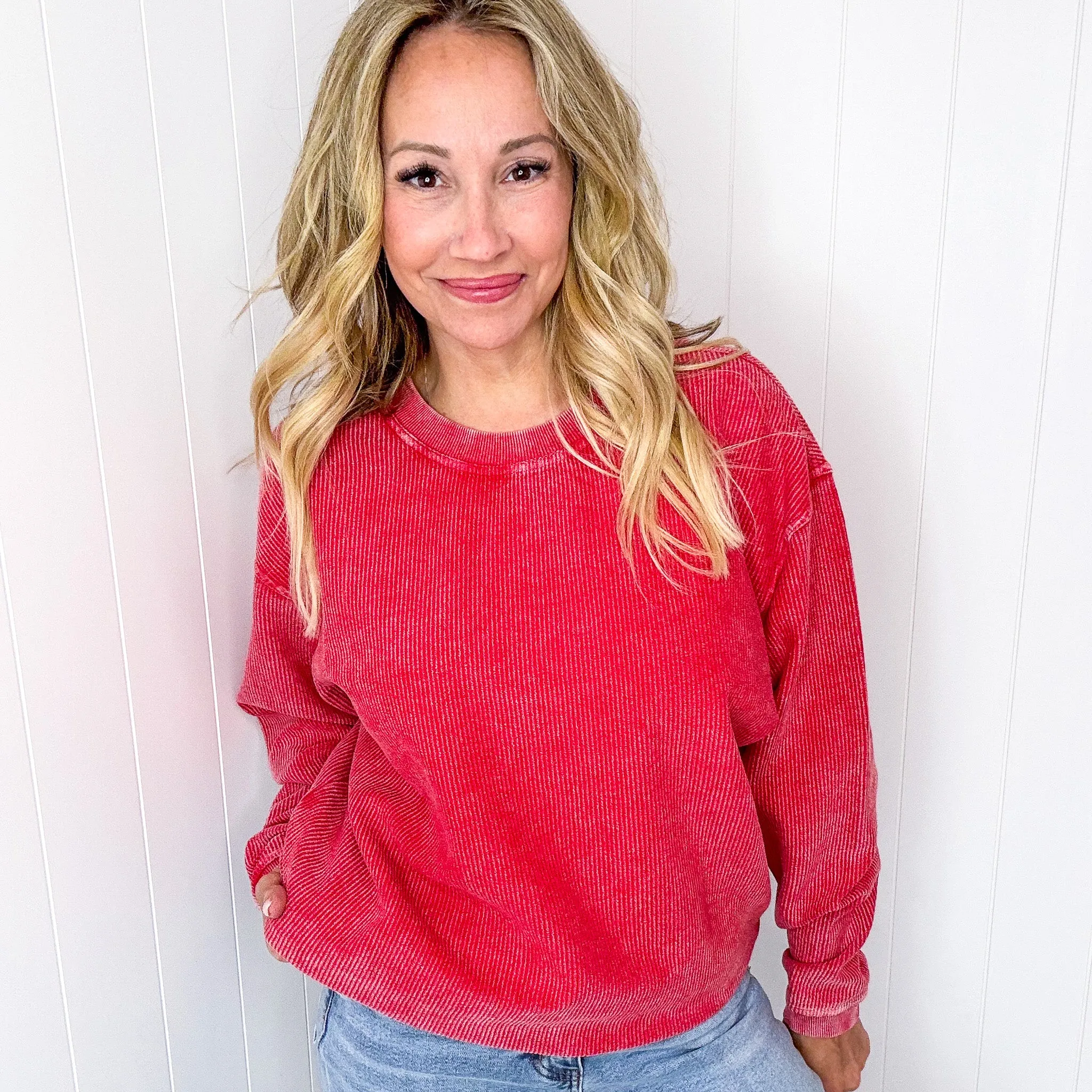 Red Snow Washed Oversized Luxe Soft Corded Crewneck Pullover sold by Boujee Boutique product image thumbnail 3