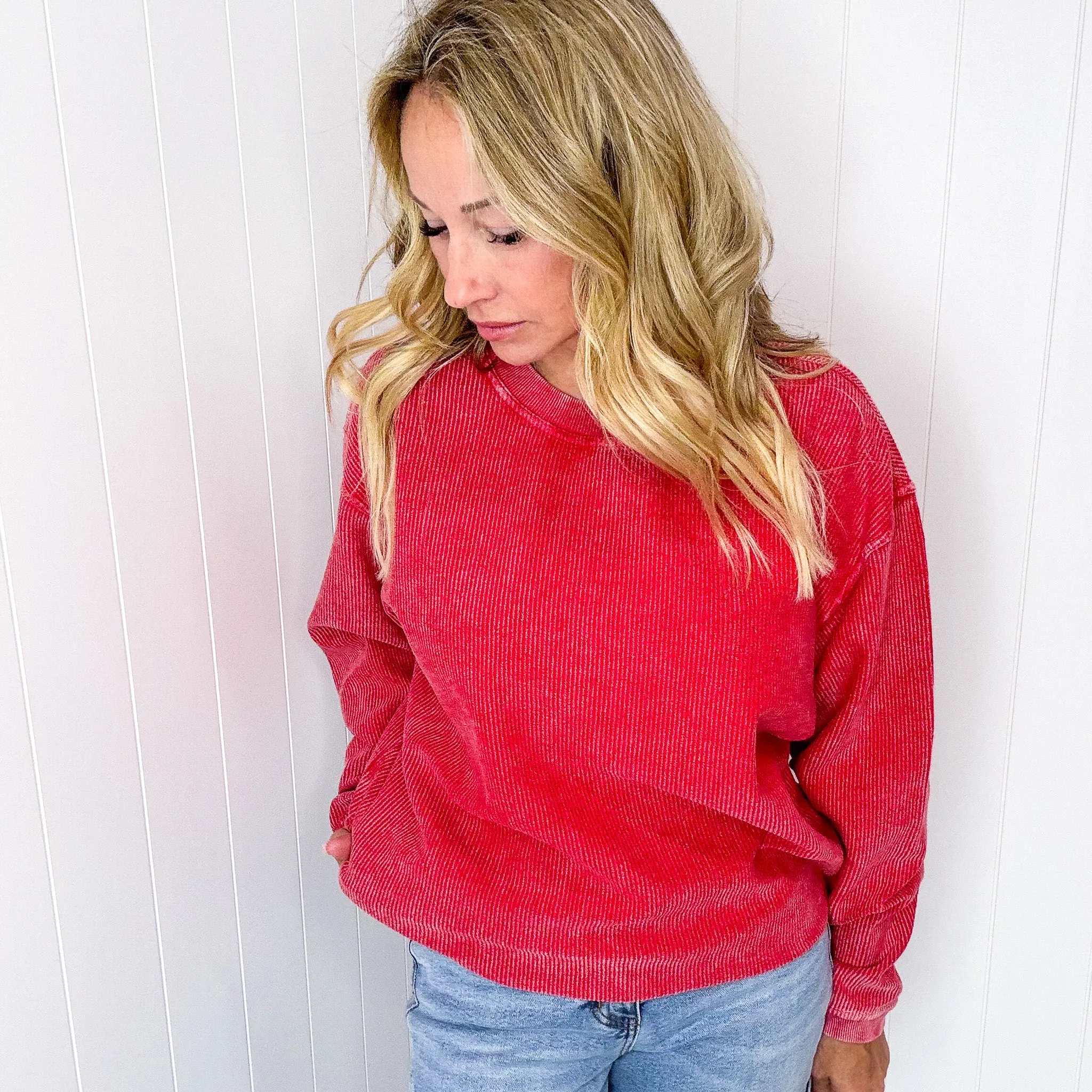 Red Snow Washed Oversized Luxe Soft Corded Crewneck Pullover sold by Boujee Boutique