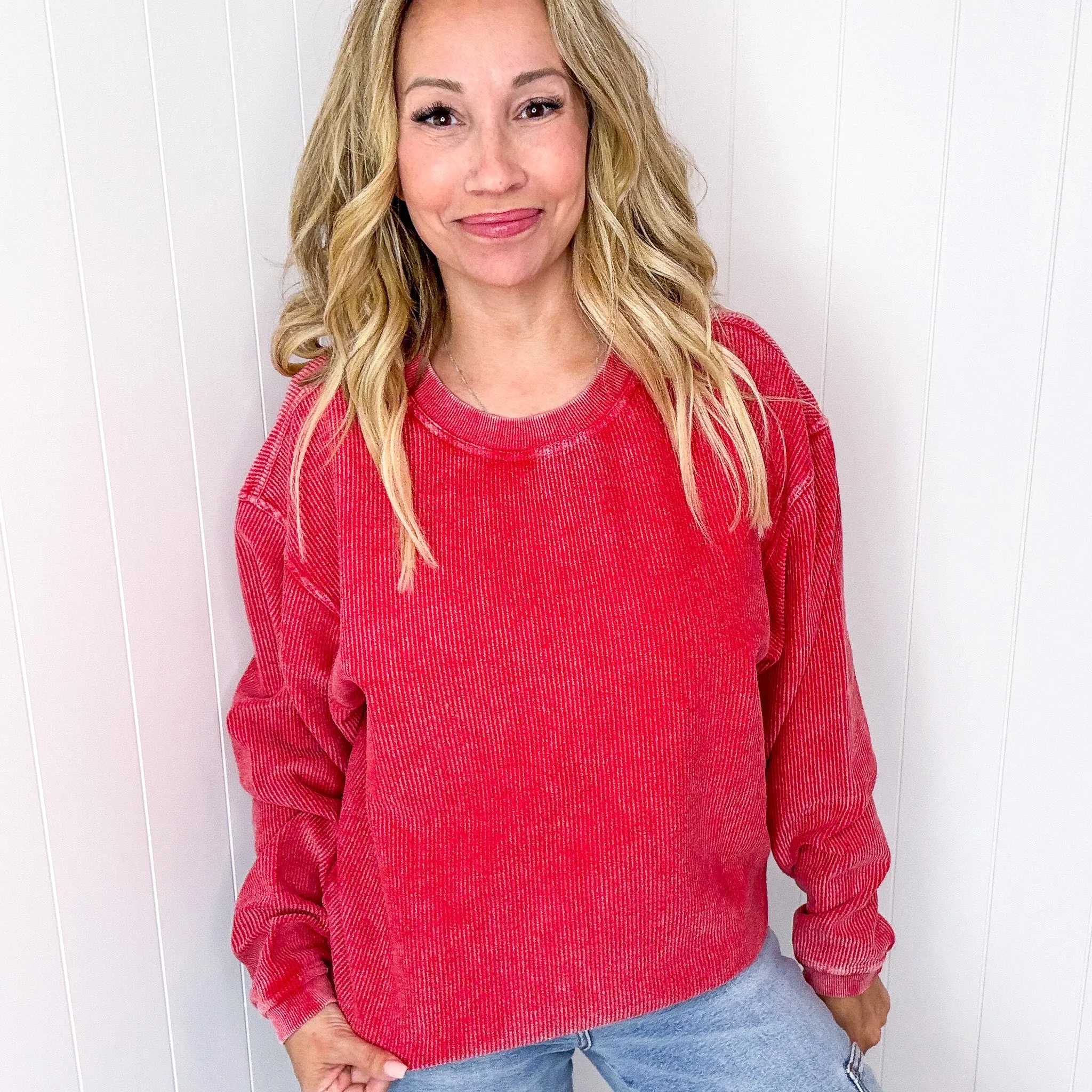 Red Snow Washed Oversized Luxe Soft Corded Crewneck Pullover sold by Boujee Boutique product image thumbnail 4