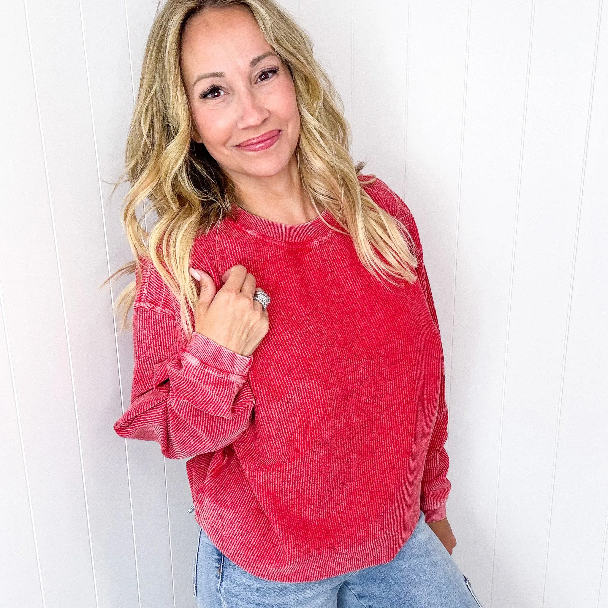 Red Snow Washed Oversized Luxe Soft Corded Crewneck Pullover sold by Boujee Boutique product image thumbnail 2