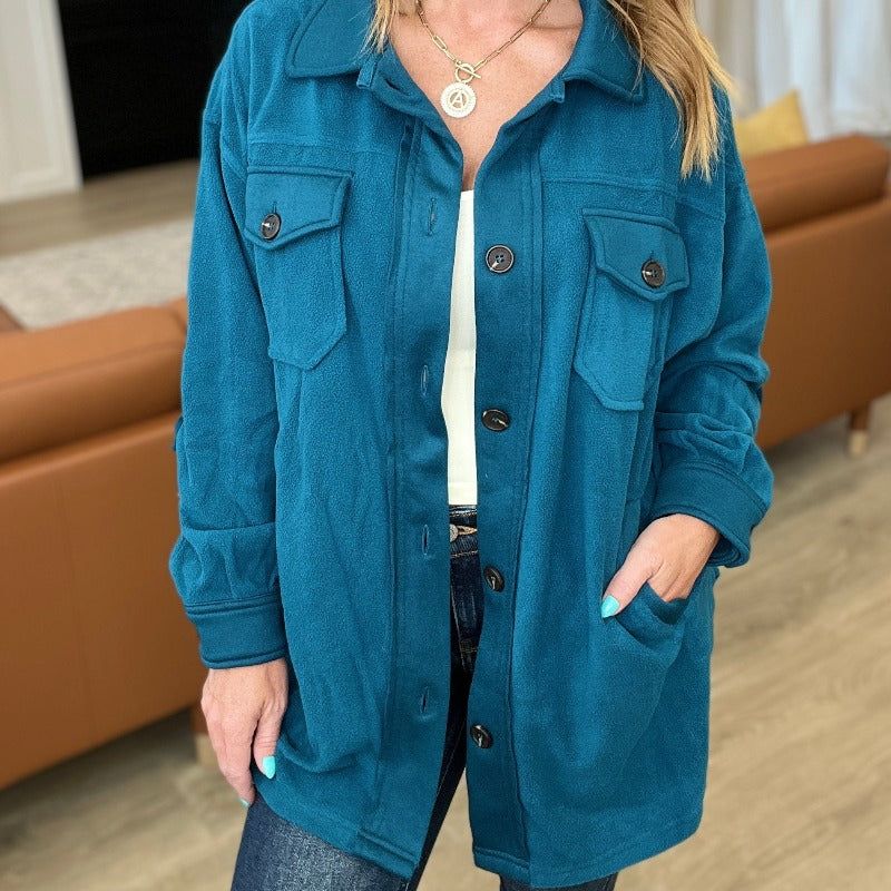 Oversized Basic Fleece Shacket in Teal sold by Boujee Boutique