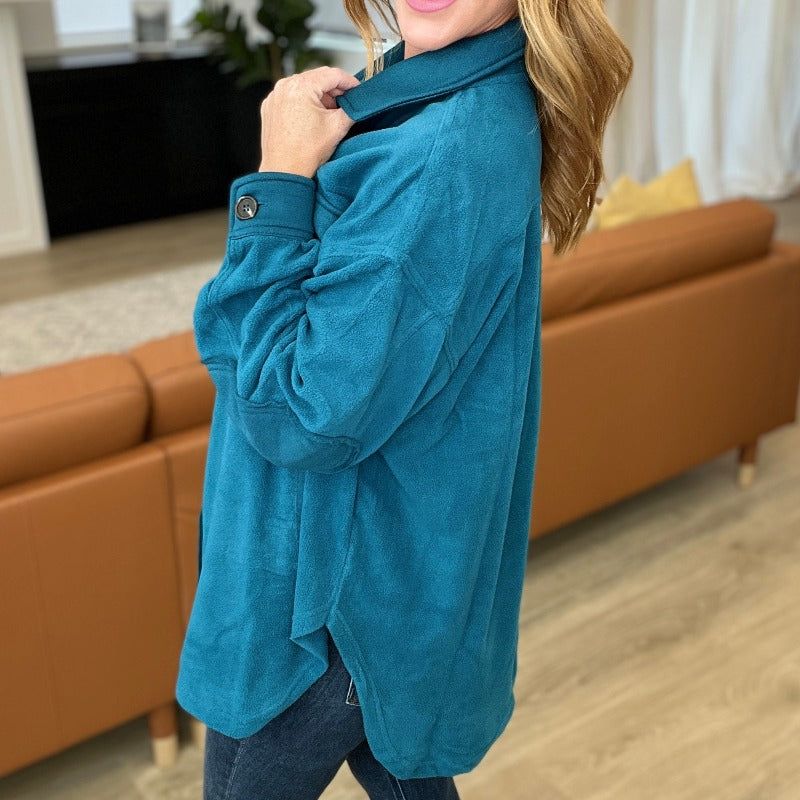 Oversized Basic Fleece Shacket in Teal sold by Boujee Boutique product image thumbnail 4
