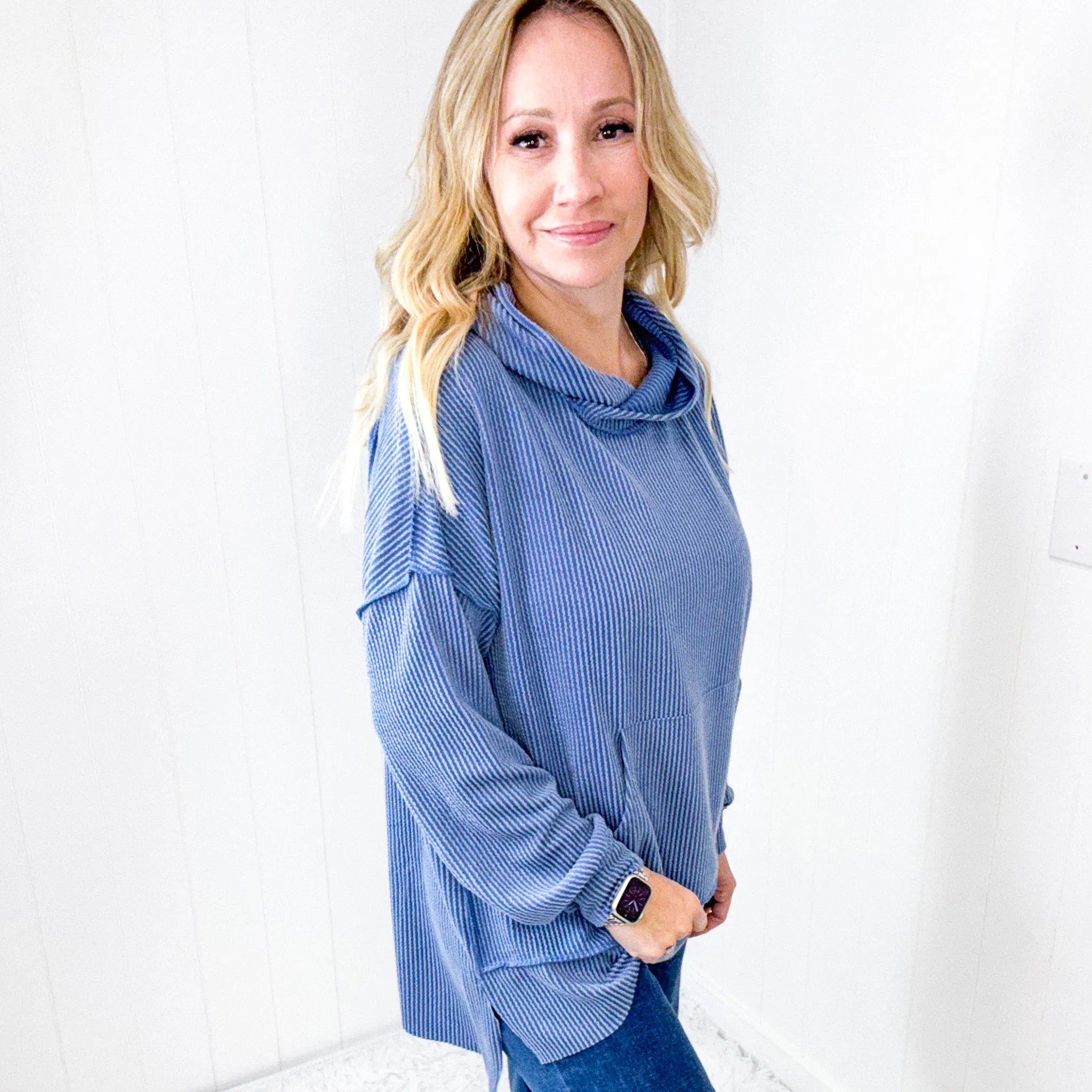 Cozy Days Vintage Denim Mineral Wash Rib Knit Long Sleeve Hoodie sold by Boujee Boutique product image thumbnail 4