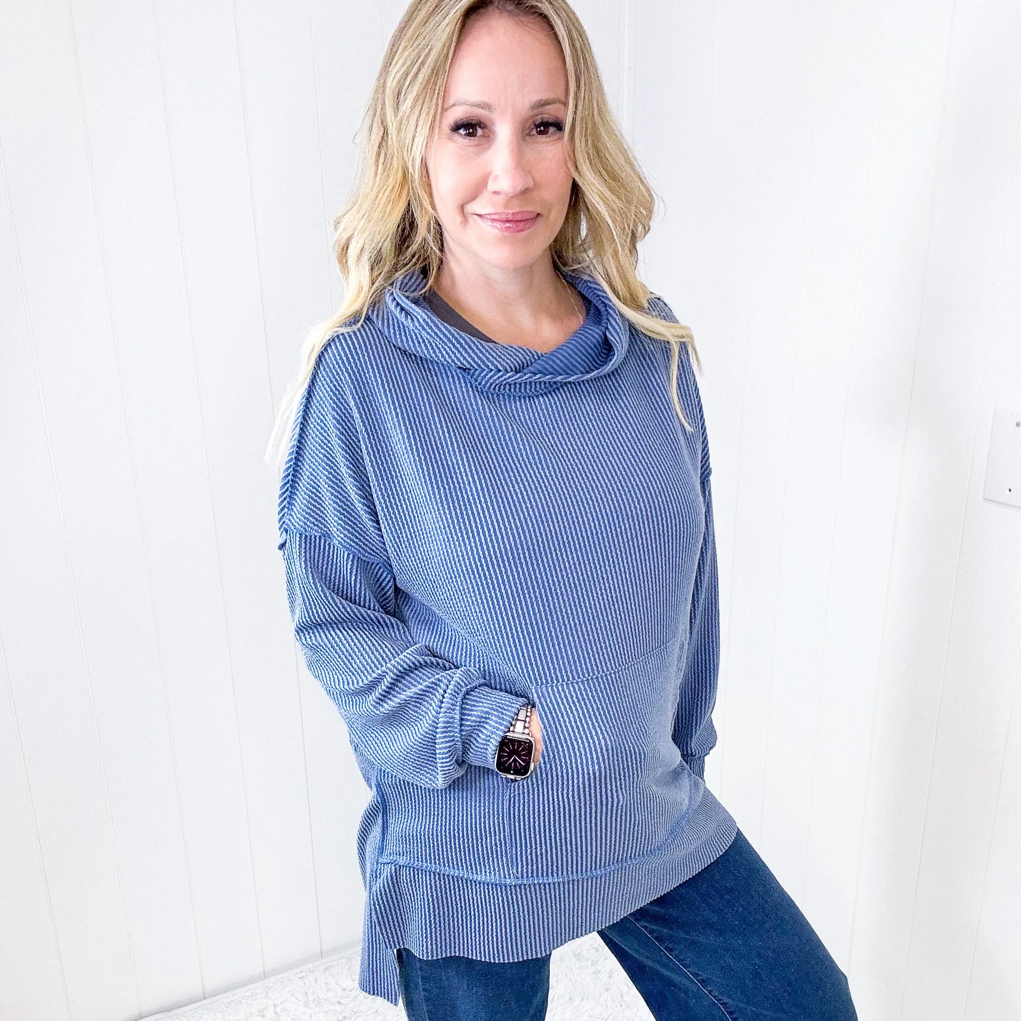 Cozy Days Vintage Denim Mineral Wash Rib Knit Long Sleeve Hoodie sold by Boujee Boutique