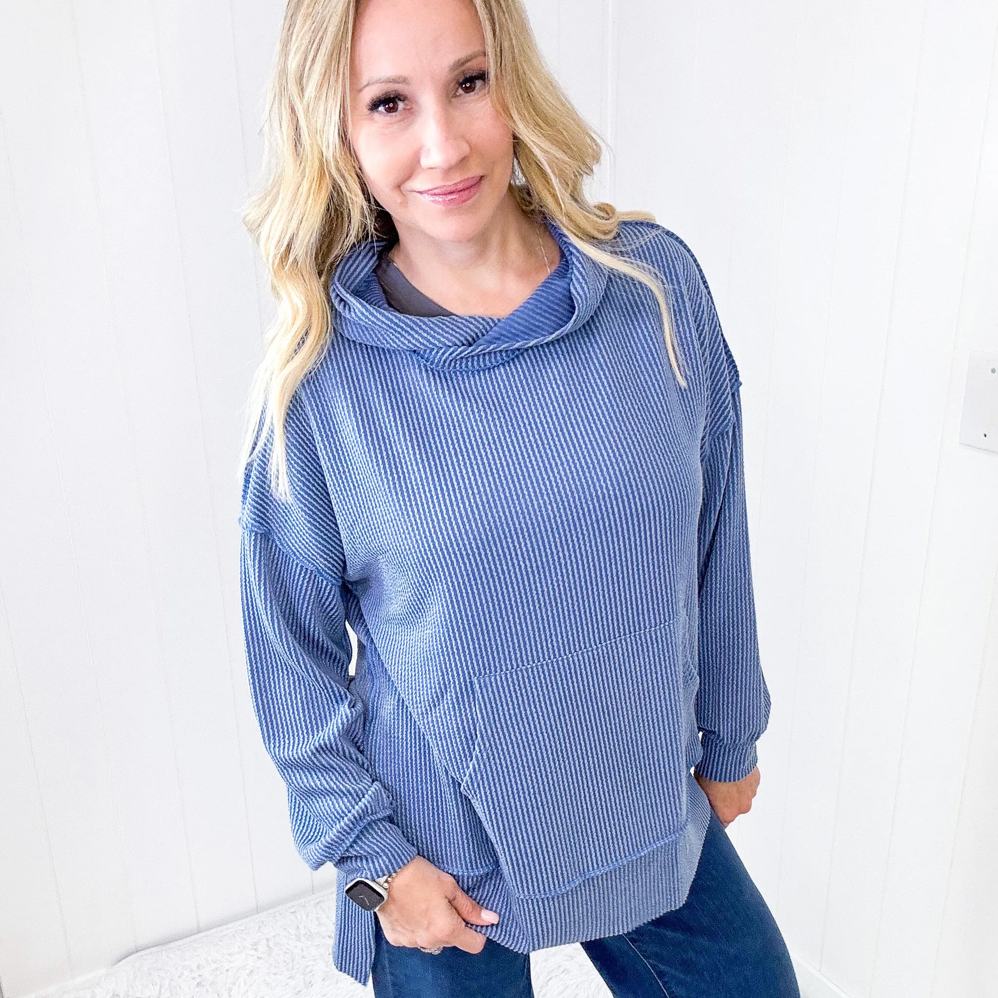 Cozy Days Vintage Denim Mineral Wash Rib Knit Long Sleeve Hoodie sold by Boujee Boutique product image thumbnail 3