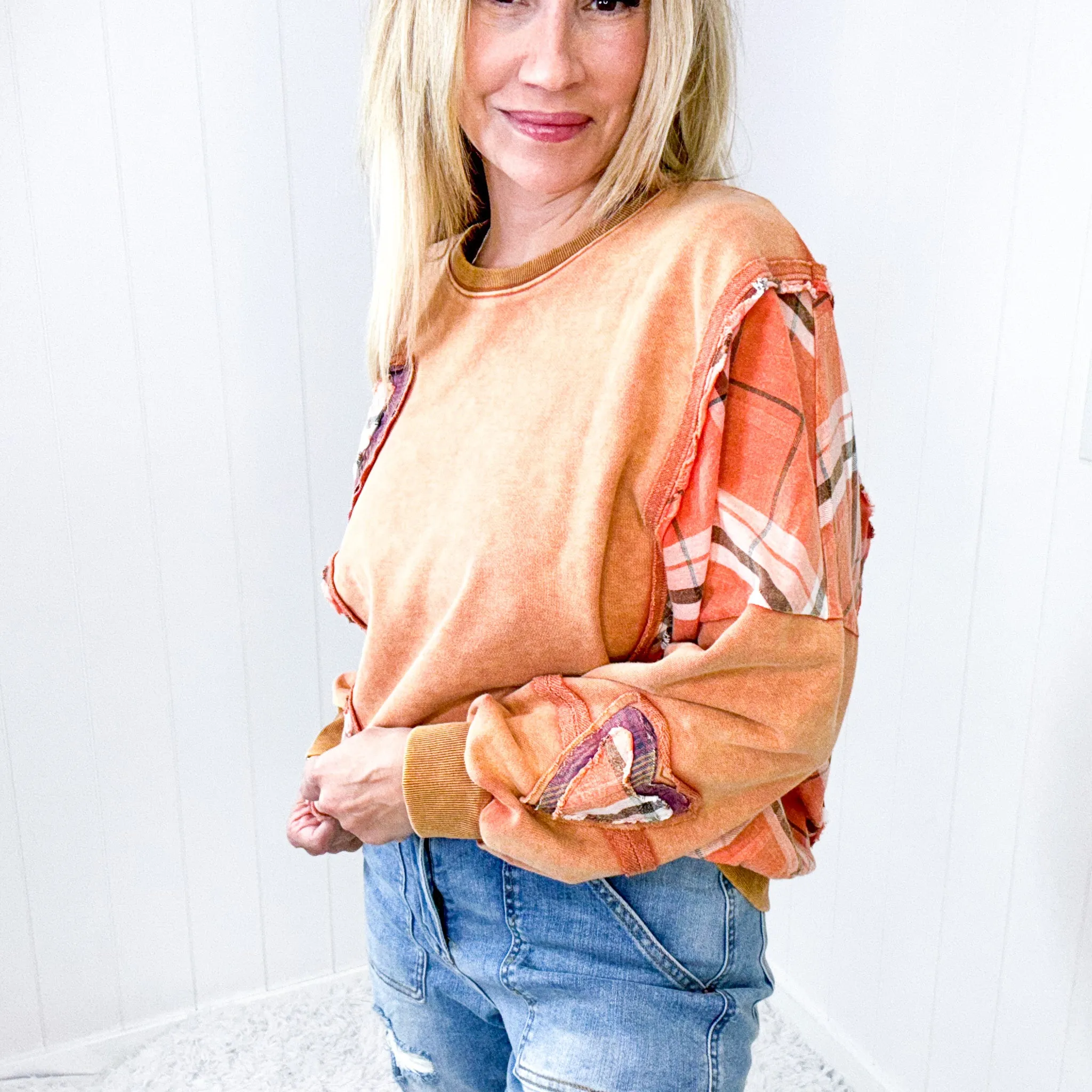 Heart and Hearth Plaid and Mineral Washed Long Sleeve Pullover in Pumpkin sold by Boujee Boutique product image thumbnail 4