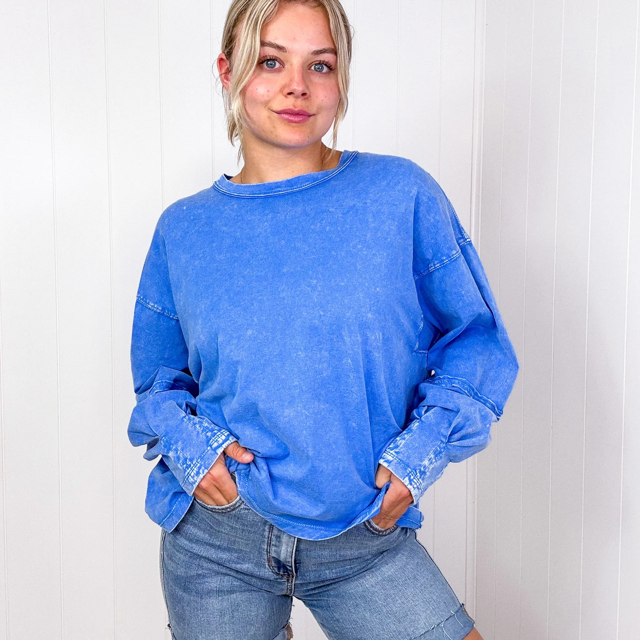Easel Mineral Washed Pleated Wrist Long Sleeve Top in 4 Colors sold by Boujee Boutique