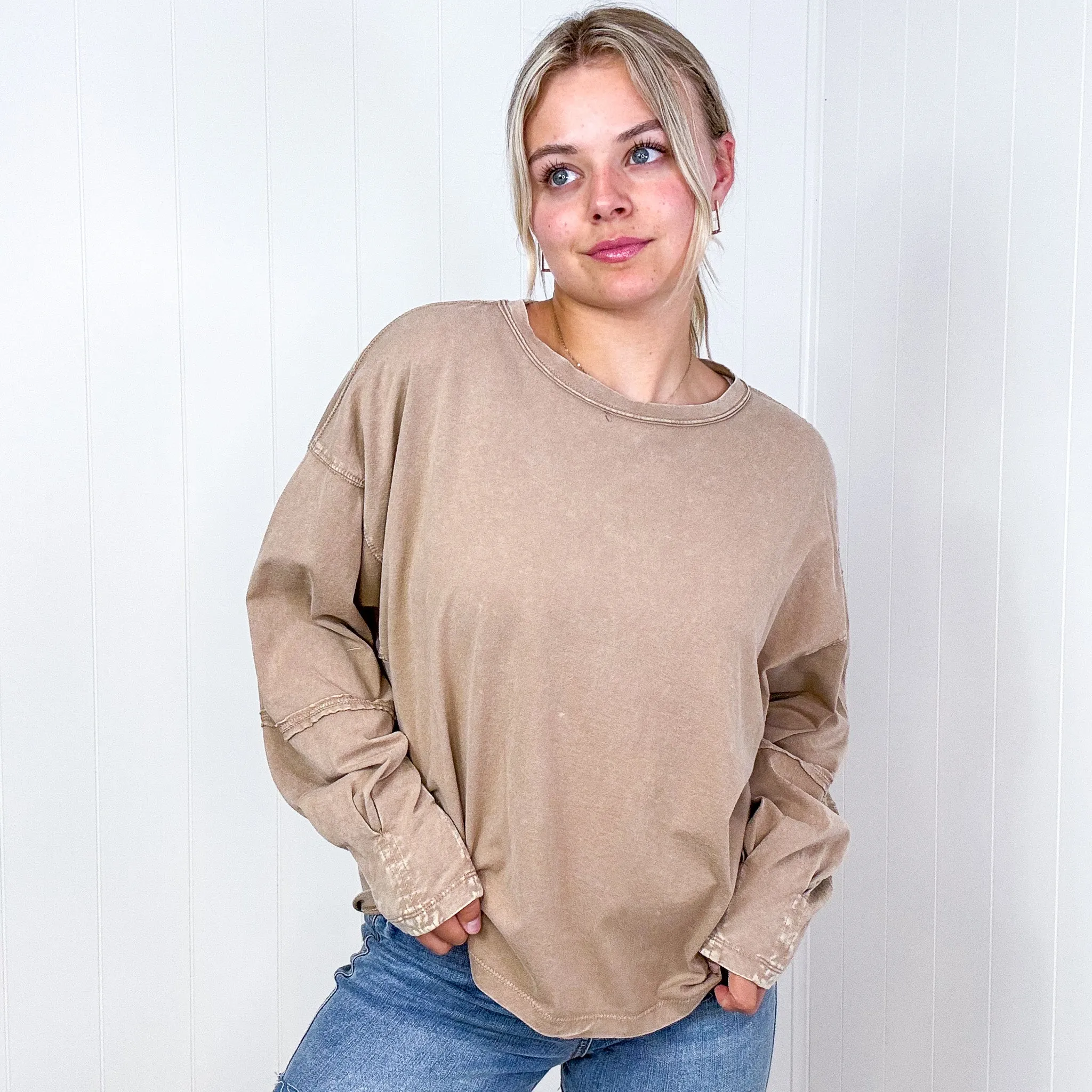 Easel Mineral Washed Pleated Wrist Long Sleeve Top in 4 Colors sold by Boujee Boutique product image thumbnail 5